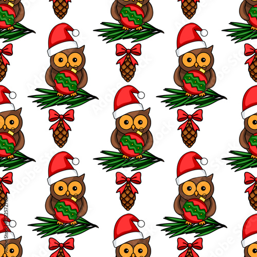 Seamless vector Christmas pattern featuring adorable owls in Santa hats, holding Christmas baubles, nestled on pine branches, complemented by pine cones and red bows, creating a festive winter design.