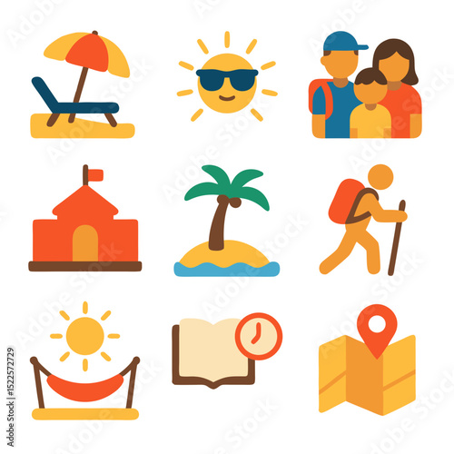 June holiday icons depict nine colorful icons related to travel and vacations.