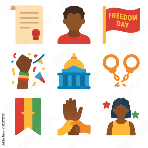 Juneteenth day icons represent various symbols related to freedom day.