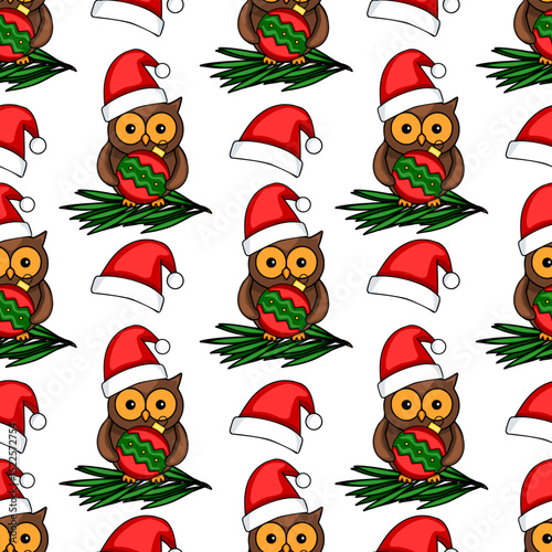 Seamless vector pattern featuring adorable owls in Santa hats, holding Christmas ornaments, nestled on fir branches, creating a festive and cheerful winter design.