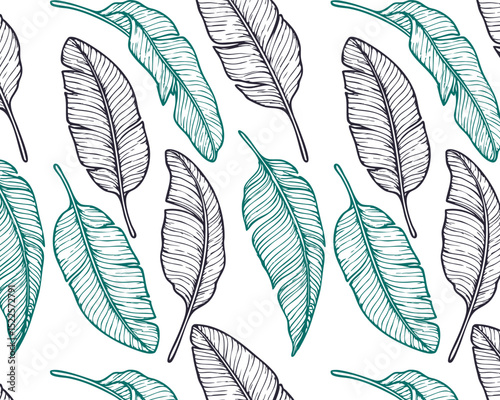 Seamless pattern with hand drawn banana leaves in teal and black outline on white background. Tropical vintage botanical design perfect for fabric, wallpaper, or wrapping paper. Vector illustration
