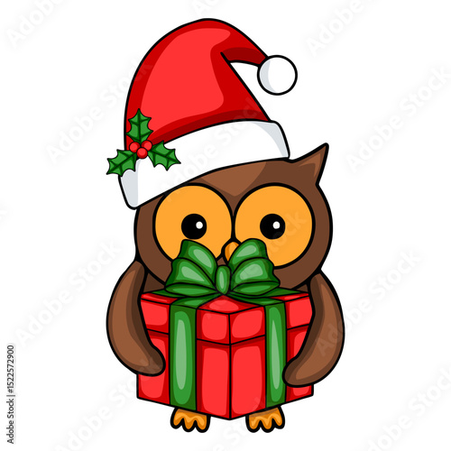Adorable vector illustration of a cartoon owl wearing a Santa hat and holding a Christmas gift, showcasing a festive and heartwarming holiday design.