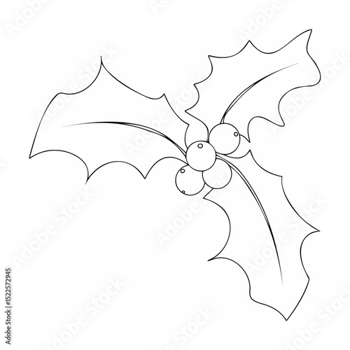 Simple black and white vector illustration of a christmas holly branch with berries