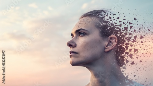 Woman with disintegration effect looking at sunset sky, dissolving into pixels on soft pastel background, digital transformation and emotional detachment.