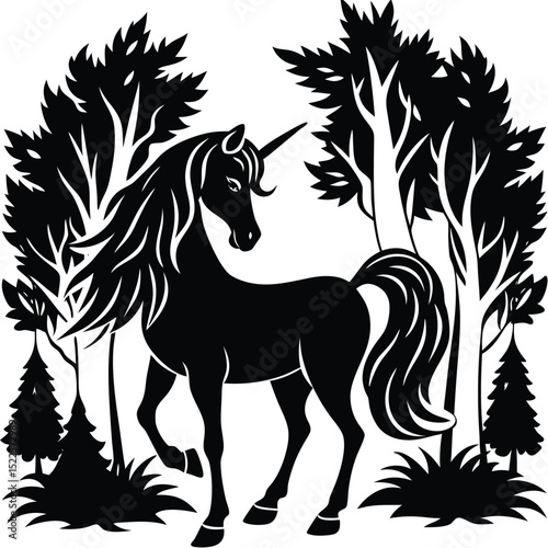 Unicorn silhouette in forest black and white illustration