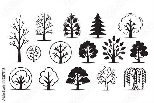 Assorted Seasonal Tree Icons in Bold Monochrome Silhouette Style