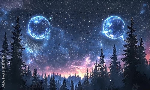 Ethereal twin orbs illuminating a mystical evergreen forest under a starry night sky.