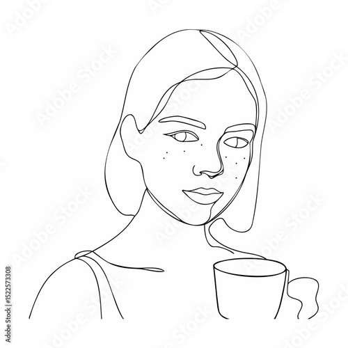 Minimalist one line drawing of a woman holding a coffee cup with freckles