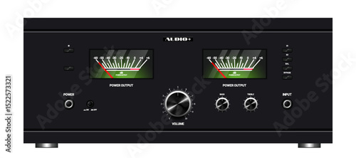 Vector dark vintage integrated hybrid amplifier. Musical high technological equipment. High tech gadget. Buttons, knobs, sound screens, devices with arrows. Isolated background.