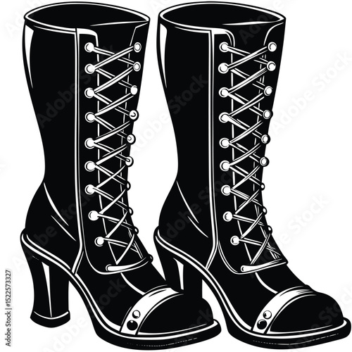 High heel lace up boots vector illustration black and white silhouette