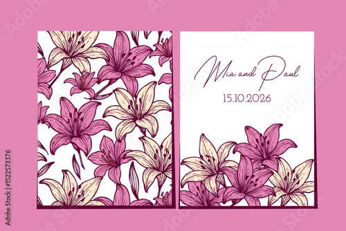 Elegant floral wedding invitation template with hand drawn lilies in pink and cream tones, featuring names and date on a clean white background. Vector illustration