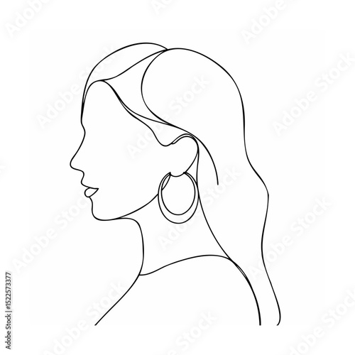 Elegant minimalist line art portrait of a woman wearing hoop earrings in profile