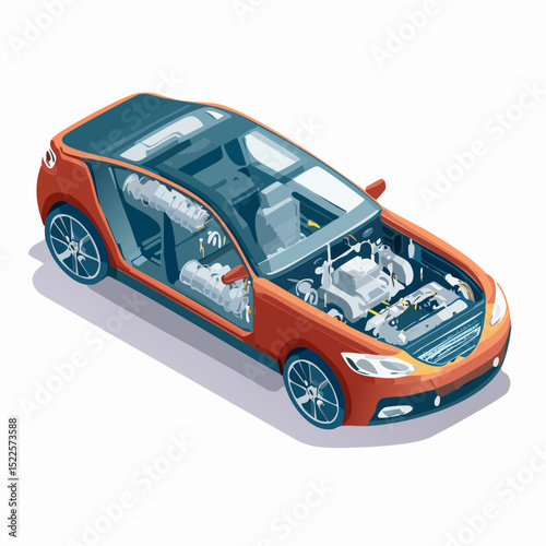 Isometric Illustration of a Car's Internal Components and Design