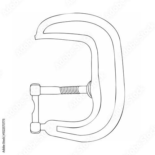 Detailed black and white outline illustration of a g clamp tool for construction and carpentry
