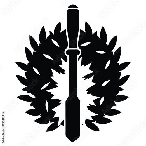Woodworking chisel tool with leaf wreath black and white art silhouette