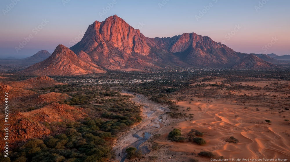 Naklejka premium Dramatic Desert Sunset Landscape Mountains Dunes Oasis