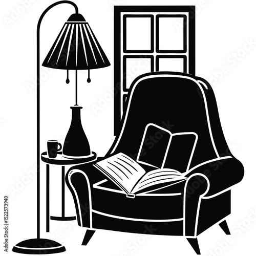 Reading nook design armchair lamp window book illustration silhouette