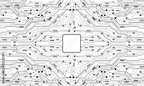 Abstract black circuit board technology connected lines electronics elements computer motherboard chip processor semiconductor digital on white background vector