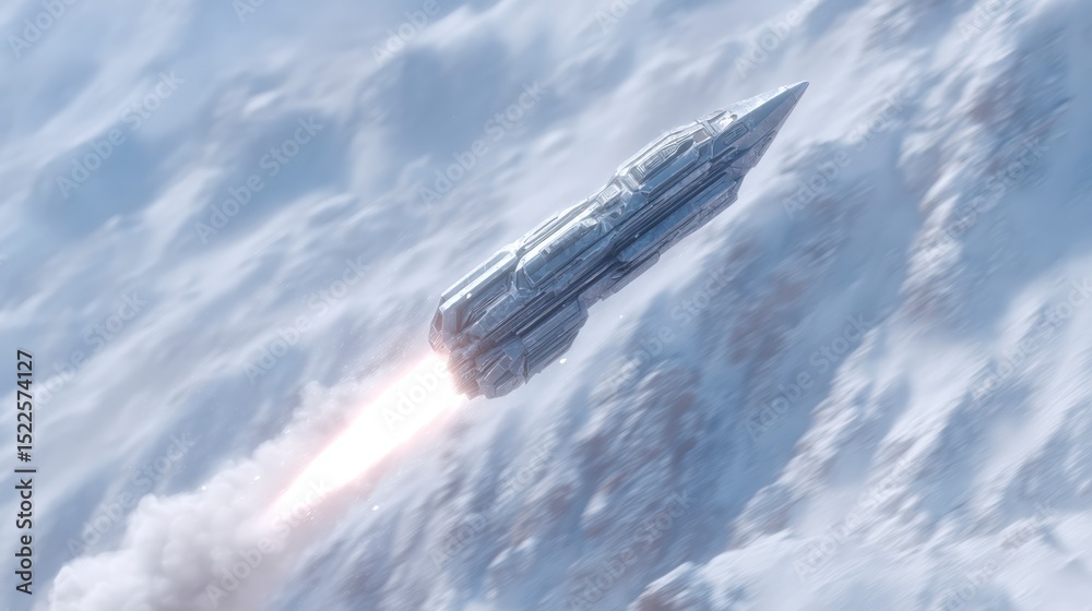 Fototapeta premium Futuristic Spaceship Launching Sci Fi Rocket Snowy Landscape CGI Digital Art
