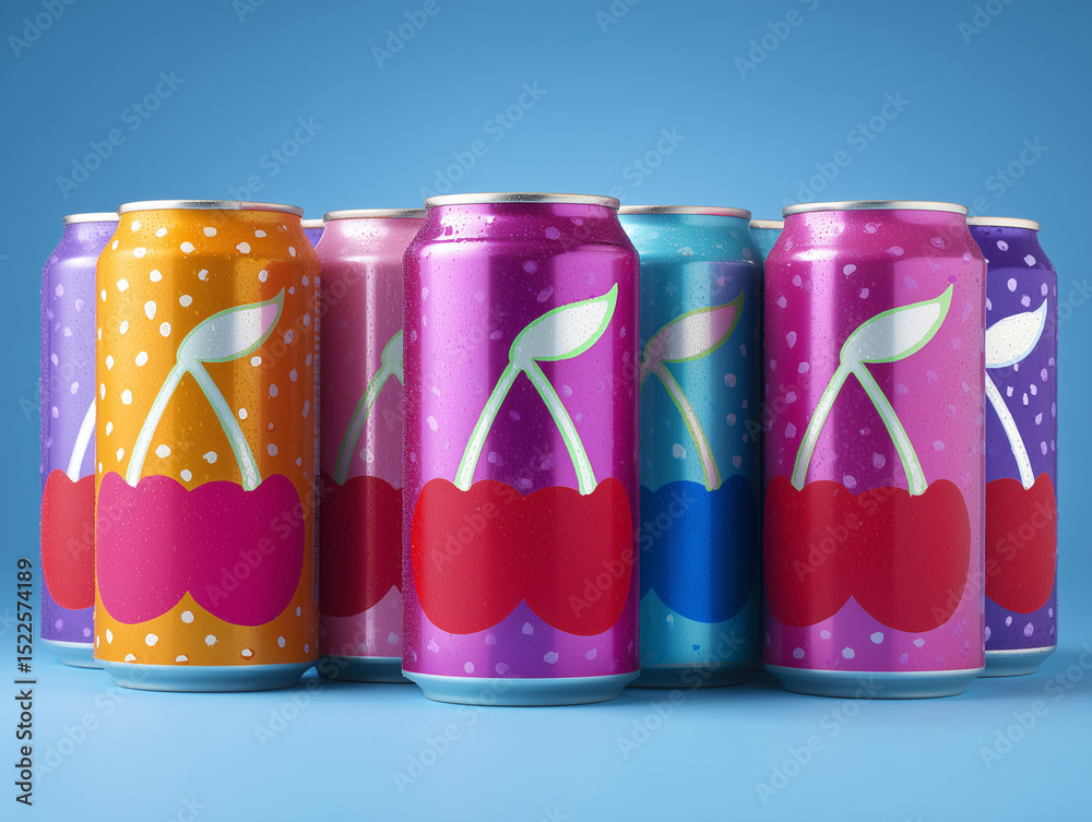Fototapeta premium A vibrant assortment of cherry soda cans, each adorned with a playful cherry design and colorful polka dots against a sleek blue backdrop.
