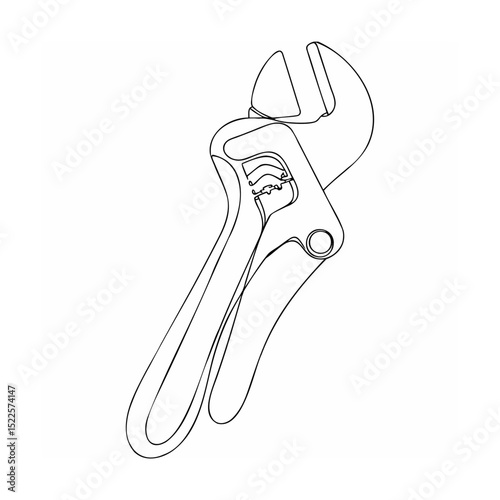 Minimalist line art illustration of an adjustable wrench hand tool for repair and construction