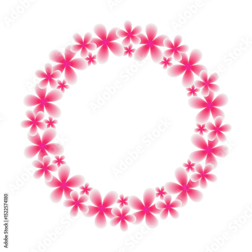 Wreath of Frangipani or plumeria flowers isolated on transparent background. Asian pink flowers border in a round frame form. Vector illustration.