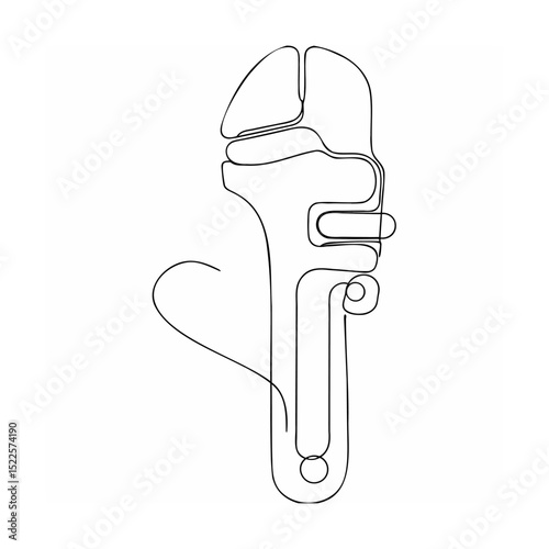 Simple minimalist line art illustration of an adjustable wrench isolated on white background