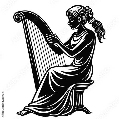 Drawing of woman playing harp music illustration vector art silhouette