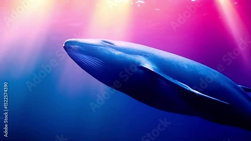 Low angle, slow motion: An elegant whale glides through abstract waves of vibrant colors. Minimalist style with deep, focused light rays streaming from above, creating a serene and ethereal atmosphere