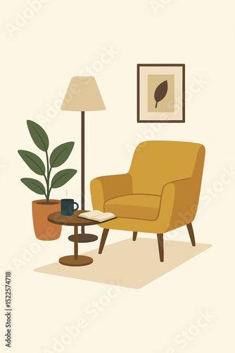 Cozy Mid-Century Reading Nook Flat Vector Illustration