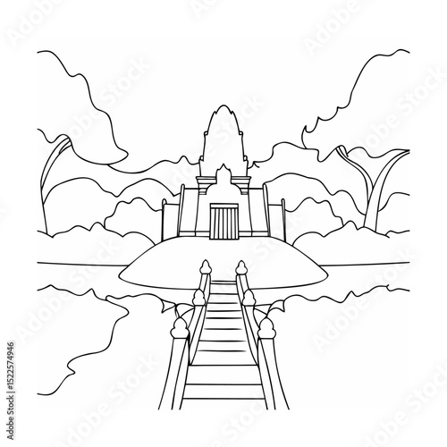 Hand drawn illustration of a temple on a hill with a bridge in the foreground.