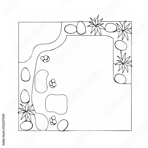Black and white illustration of a garden design layout with plants and stones
