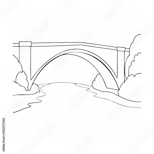 Simple black and white illustration depicting an arch bridge over a gentle flowing river
