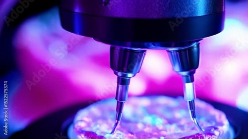 A detailed view of artificial human tissue under a scanning microscope. Microelectrodes interact with the cells, creating a dramatic depth of field