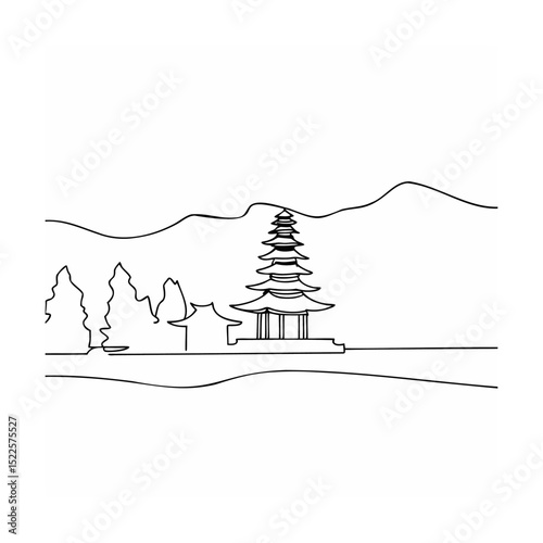 Simple line drawing depicting a traditional pagoda temple with mountains and trees in bali