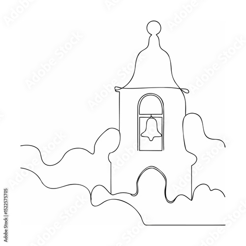 Minimalist line drawing of a church bell tower with a clear architectural outline.
