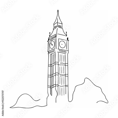 Simple black and white minimalist outline illustration of the iconic big ben clock tower