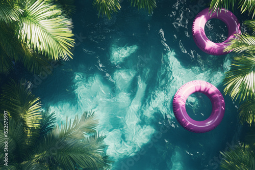 Top-down 3D view of a pool with pink float rings on the water, creating a tropical summer vibe.
