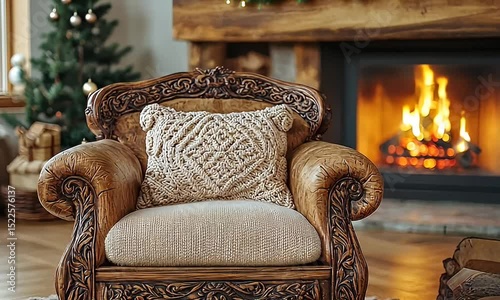 Ornate Wooden Armchair with Knit Pillow near Fireplace