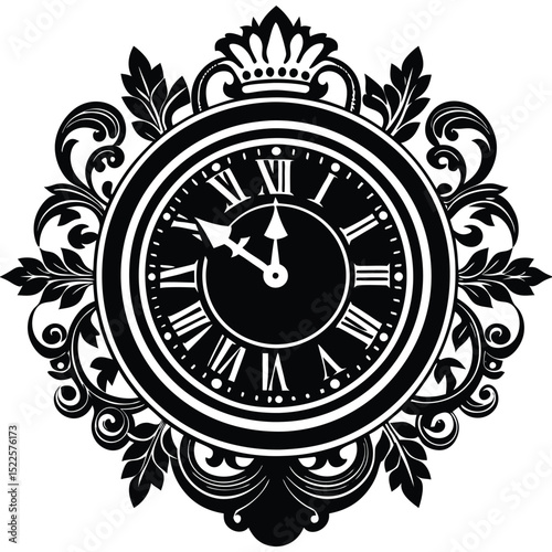 Vintage clock design antique time illustration black white silhouette