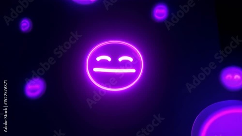 Overhead, slow motion: Neon-style glowing emoji faces float in dark space, creating a 3D depth with reflection effects. The emojis cast soft, ethereal glows, adding a minimal futuristic mood
