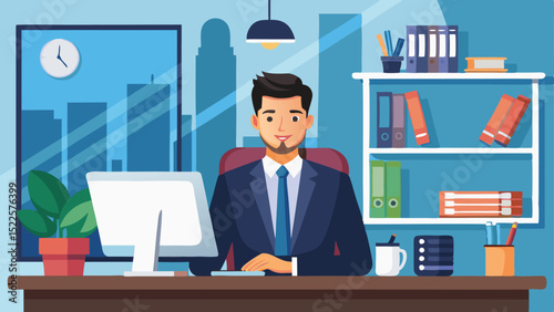 Cartoon Businessman in Office with Computer, Desk, and Bookshelf, Cityscape Window View
