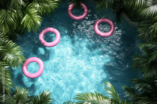 Top-down 3D view of a pool with pink float rings on the water, creating a tropical summer vibe.
