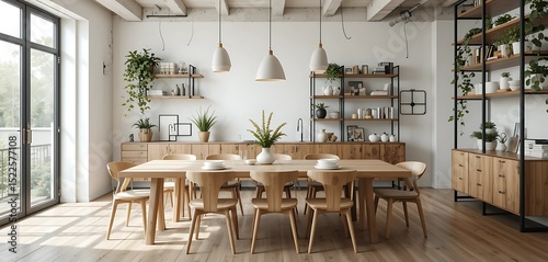 Fusion-style dining room combining light Scandinavian wood furniture with raw industrial elements, trailing vines along black metal shelves, and soft daylight.