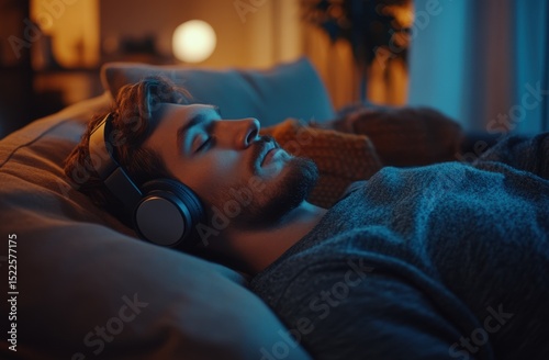 A man lies on the sofa at home, wearing headphones and listening to music with his eyes closed, enjoying a comfortable sleep in the warm night lights. 