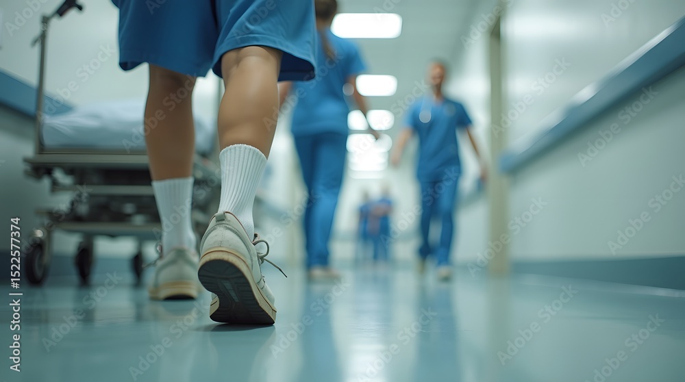 Fototapeta premium A healthcare worker in scrubs walks down a hospital corridor, emphasizing teamwork in a clinical environment.