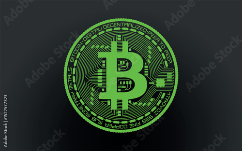 Cryptocurrency green coin with a bitcoin symbol on the face. Isolated on a black background. Vector illustration.