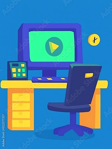 A cartoon depiction of an office space and its various objects