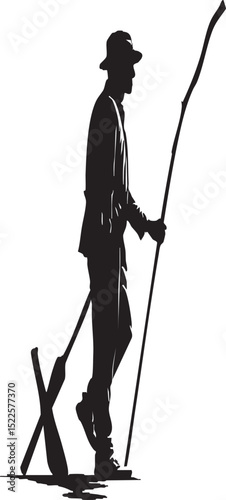 "Man with Walking Stick Silhouette."