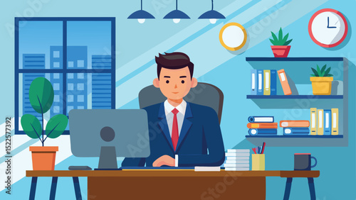 Cartoon Businessman at Desk with Computer, Office Interior with Shelves and Plants